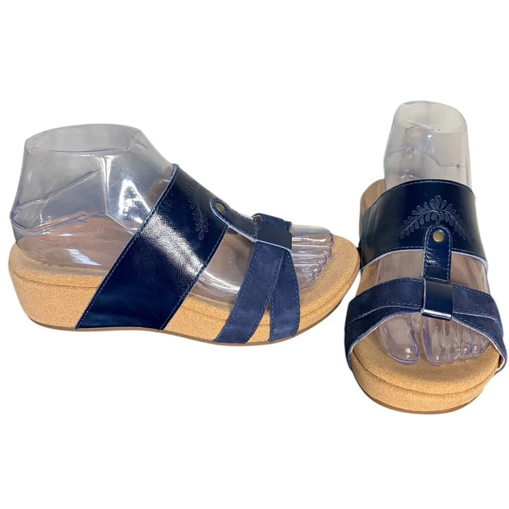 NWT Revitalign Peacoat Blue Andover Baja Sandal Leather Wedge Womens 6B‎